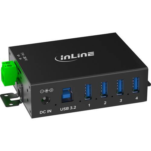 Ein schwarzer inLine USB-Hub mit vier USB 3.2-Anschlüssen, einem DC-IN-Anschluss und einem grünen Stromstecker. Geeignet zum Erweitern der Gerätekonnektivität.