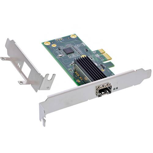 PCIe-Adapterkarte mit zwei USB-Anschlüssen und Kühlkörper, dargestellt mit abnehmbarer Halterung für die Installation mit niedriger Bauhöhe.