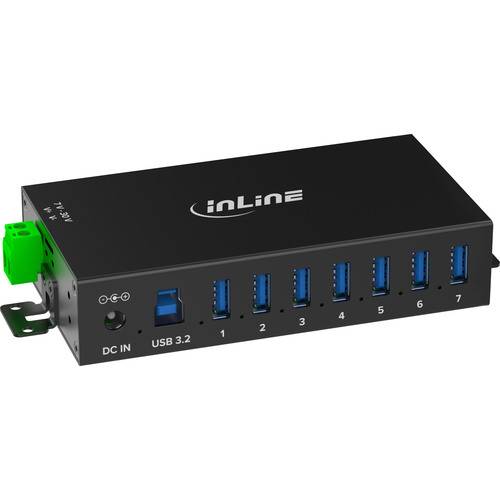Ein schwarzer USB-Hub mit sieben blauen USB 3.2-Anschlüssen, einem grünen Stromstecker und der Marke „inLine
