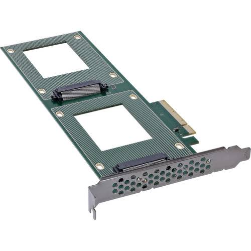 Grüne Erweiterungskarte mit zwei Steckplätzen für NVMe-SSDs, konzipiert für die Integration in das Motherboard eines Computers zur Erhöhung der Speicherkapazität.