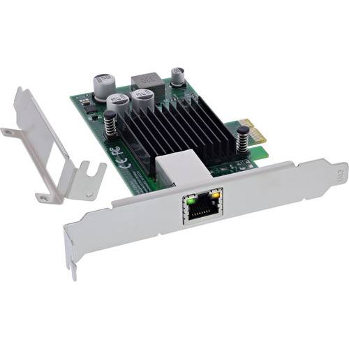 Eine Netzwerkkarte für Computer mit einem einzelnen Ethernet-Anschluss, grüner Leiterplatte, Kühlkörper und Metallhalterung zur Befestigung im Computergehäuse.