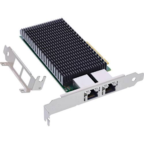 Eine Computernetzwerkkarte mit zwei Ethernet-Anschlüssen und einem großen schwarzen Kühlkörper wird von einer Metallhalterung zur Installation begleitet.