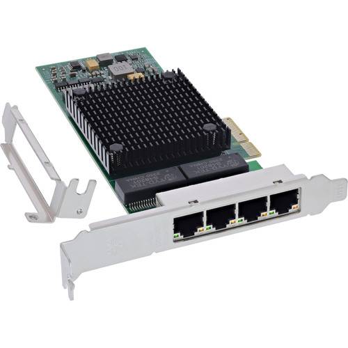 PCIe-Netzwerkschnittstellenkarte mit vier Ethernet-Anschlüssen und einem Kühlkörper, entwickelt für die Konnektivität von Computerhardware.