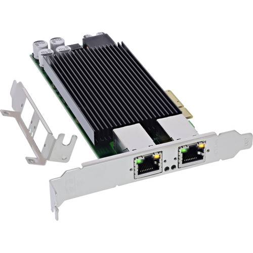 Netzwerkschnittstellen-Karte mit zwei Anschlüssen mit schwarzem Kühlkörper, mit zwei Ethernet-Anschlüssen und abnehmbaren Halterungen zur Installation.