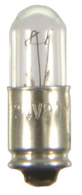 Nahaufnahme einer kleinen, zylindrischen Glühbirne mit metallischer Fassung und sichtbarem Glühfaden in einem Glasgehäuse.