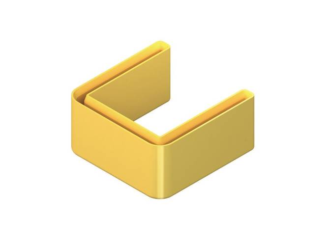 Eine 3D-gerenderte, gelbe, offene rechteckige Form, die einer Klammer ähnelt, isoliert auf weißem Hintergrund.