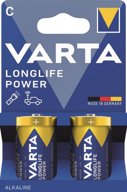 Zwei Varta LONGLIFE Power Batterien mit '+' Symbol. Blau und gelbe Verpackung. Diagramm einer Taschenlampe und eines Autos. Text: 'Made in Germany'.