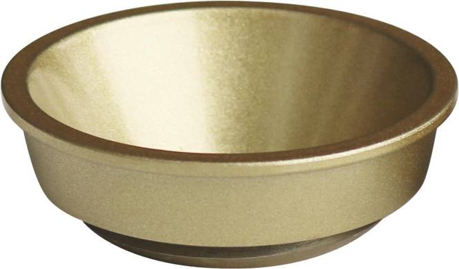 Eine kleine, metallische Schüssel mit glänzender goldener Oberfläche, von der Seite betrachtet.