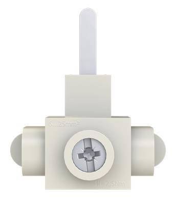 Ein weißer, kreuzförmiger Stecker oder Adapter mit einer zentralen Schraube und zylindrischen Komponenten auf beiden Seiten, vor einem einfachen Hintergrund.