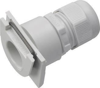 Eine Nahaufnahme einer weißen Kunststoffkabelmuffe, die das Gewindeteil und die Verschlussmutter zeigt, die zur Befestigung und zum Schutz von Kabeln verwendet wird.