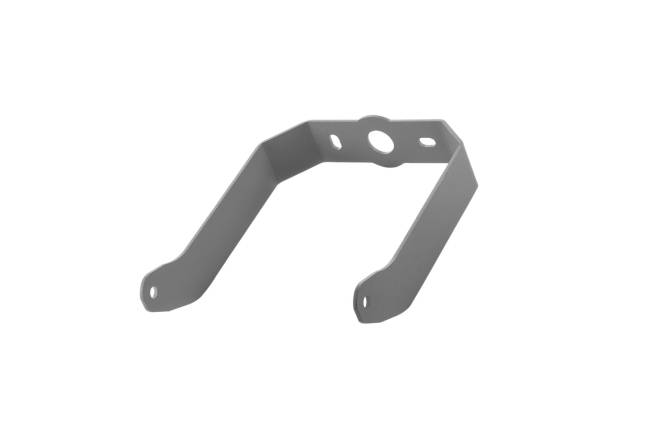 Eine graue Metallklammer mit zwei Armen und einem zentralen Kreisloch, die zum Montieren oder Befestigen von Komponenten verwendet wird.