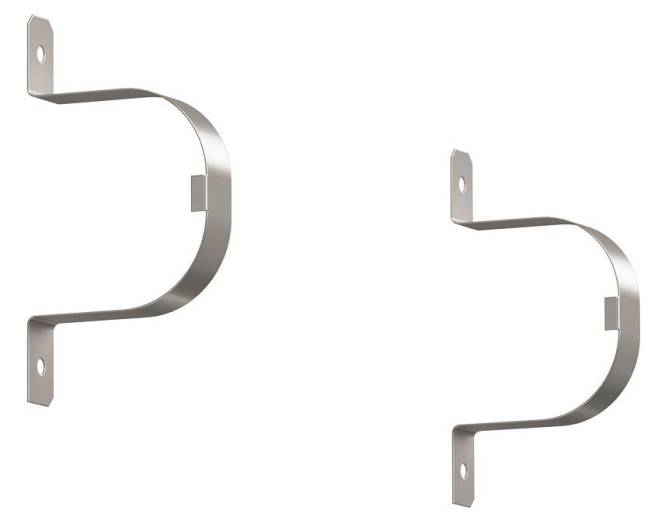 Metallklammern und eine U-förmige Halterung, wahrscheinlich zum Montieren oder Befestigen von Objekten verwendet, vor einem einfachen Hintergrund dargestellt.