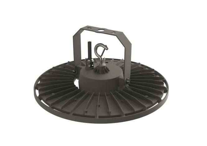 Ein rundes, industrielles LED-Hallenlicht mit Metallrahmen und einer Aufhängehaken oben zum Aufhängen.