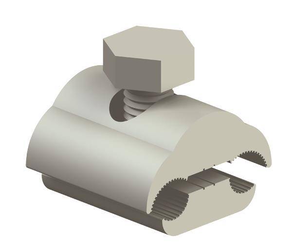 Eine Metallhalterung mit einem Sechskantbolzen oben zum Befestigen von Rohren oder Kabeln, mit einer gekrümmten Basis mit Rillen für besseren Halt.