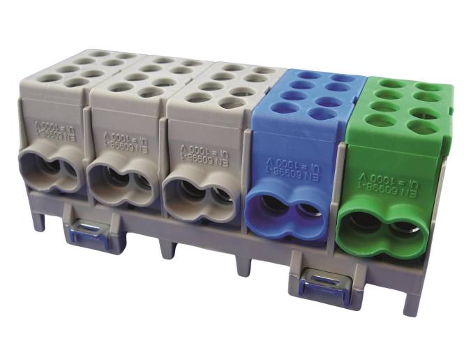 Eine Reihe modularer, mehrfarbiger elektrischer Klemmenblöcke mit mehreren Anschlüssen, die für Verdrahtungsverbindungen in elektrischen Schaltkreisen konzipiert sind.