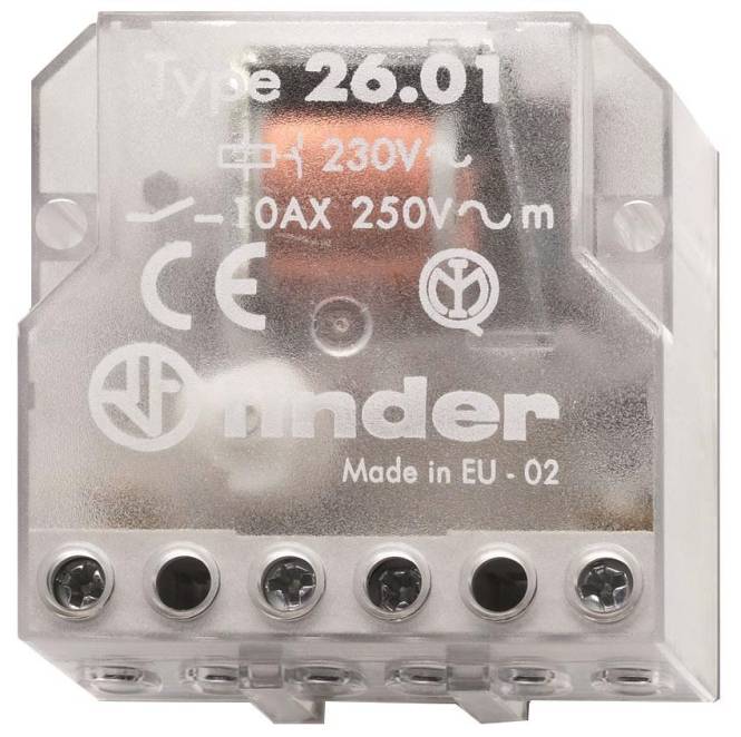 Finder Type 26.01', transparente Kunststoff-Elektrokomponente, gekennzeichnet mit '230V', '10AX 250V', mit Zertifizierungssymbolen und 'Made in EU'.