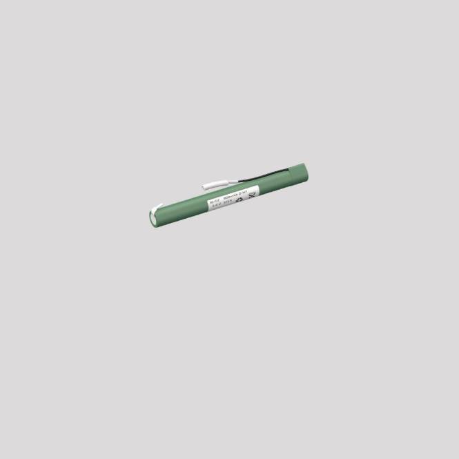 Ein grüner zylindrischer Stift mit einem schwarzen Clip auf einem schlichten hellgrauen Hintergrund.