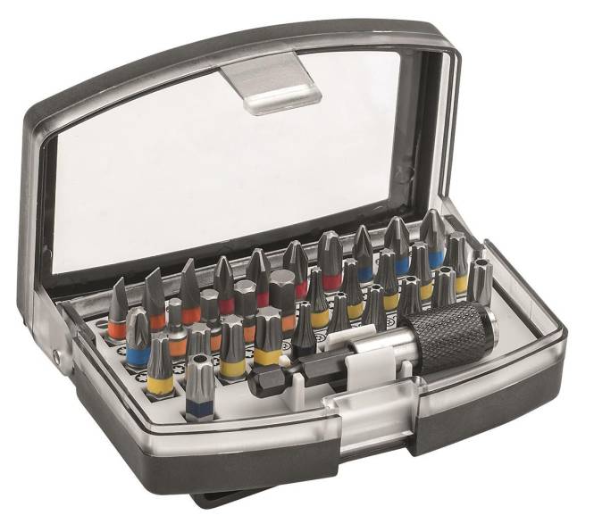 Ein kompaktes Werkzeugset mit mehreren Schraubendreher-Bits in verschiedenen Formen und Größen, übersichtlich in einem durchsichtigen Kunststoffgehäuse organisiert.