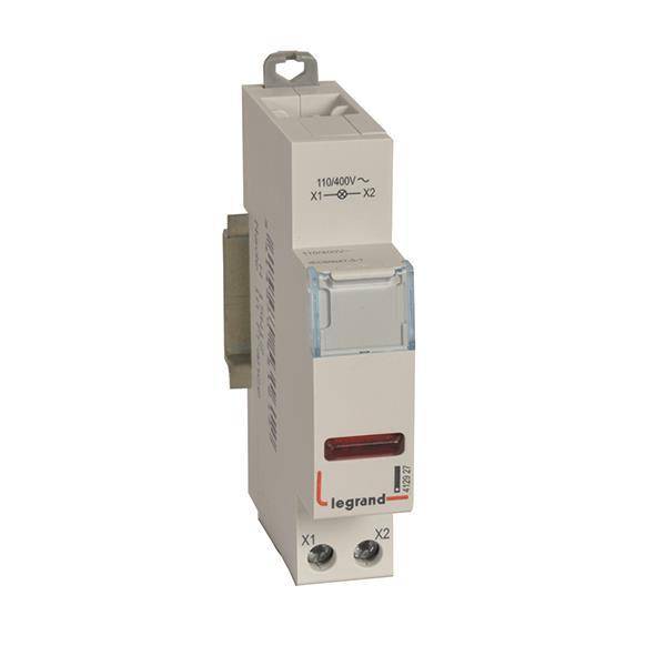 Ein weißes Legrand-Elektrorelais mit rotem Anzeigelicht, Modellnummer sichtbar, zur Montage auf einer DIN-Schiene ausgelegt.