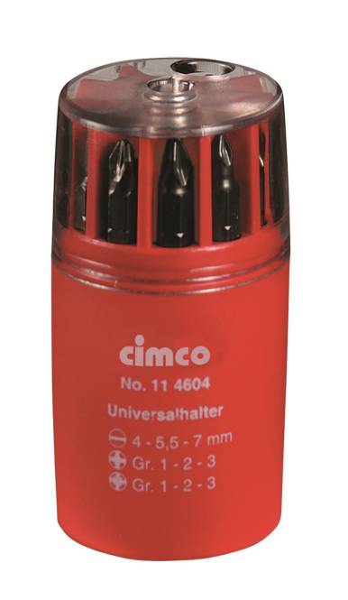 Roter Werkzeughalter mit mehreren sichtbaren Schraubendreherbits im Inneren. Der Text lautet „Cimco Nr. 11604 Universalhalter Gr. 4 - 5,5 - 7 mm