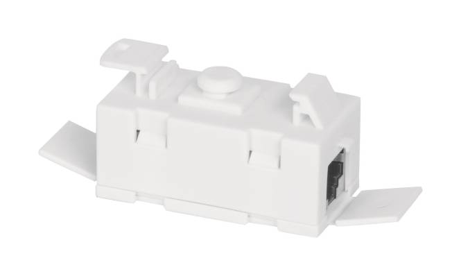 Ein weißes Keystone-Anschlusselement mit sicherem Einklipp-Design, das häufig für Netzwerkkabelverbindungen in Wandplaketten oder Patchpanels verwendet wird.