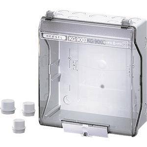 Eine transparente elektrische Verteilerdose mit aufklappbarem Deckel und drei Kabeleinführungen an der Seite.