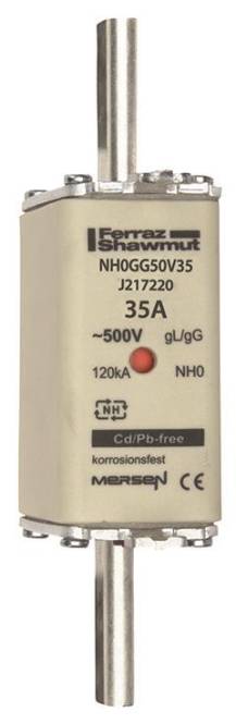 Ferraz Shawmut NH0GG50V35 35A', Bezeichnung für elektrische Sicherung mit Spezifikationen: 500V, 120kA. Cadmium-/bleifrei, Modell J217220.
