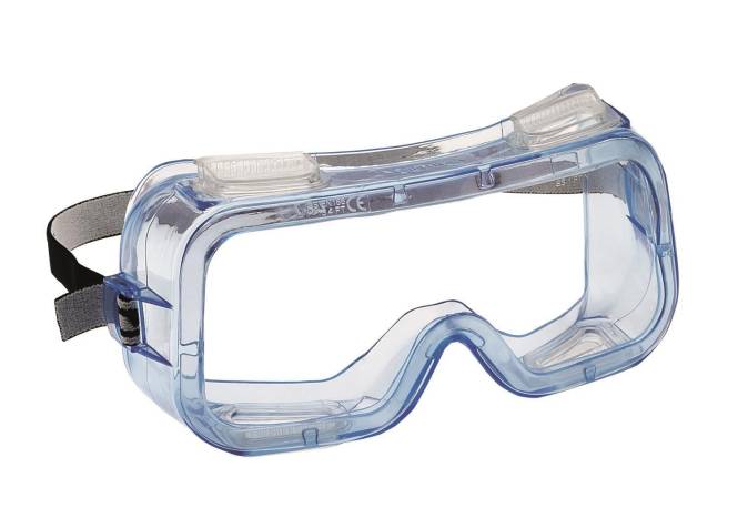 Klare Schutzbrille mit verstellbarem Riemen, entwickelt zum Schutz der Augen vor Verschmutzung und Chemikalien bei Laborarbeiten oder Bauarbeiten.