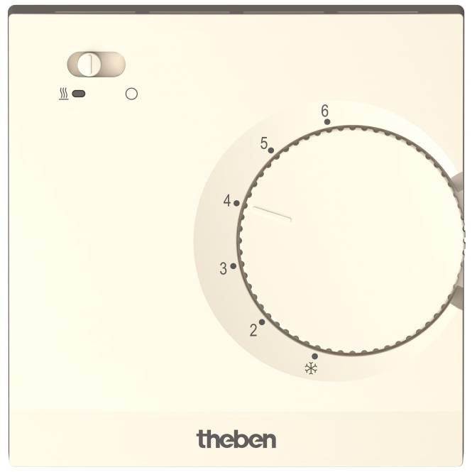 Das Bild zeigt einen beigen Thermostat mit einer kreisförmigen Skala mit den Zahlen 1 bis 6, einem kleinen Schaltersymbol und dem Logo „theben
