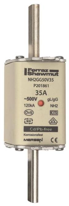 Ein beiger Ferraz Shawmut-Sicherung NH2GG50V35, 35A, ~500V. Cd/Pb-frei und gekennzeichnet mit Symbolen: ÖVE, KEMA KEUR, N, HM2, 120kA gL/gG.
