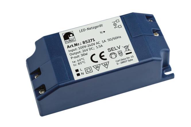 LED-Treiber mit blauer Beschriftung, bezeichnet als „LED-Netzgerät