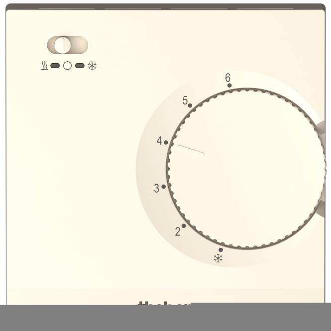 Thermostattastenfeld mit einem Drehregler mit Einstellungen von 1 bis 6 und einem Schalter für warme oder kalte Luft, eingestellt auf 5 mit ausgewählter kalter Luft.