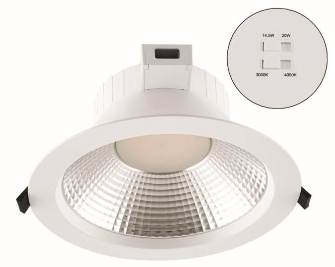 Ein rundes LED-Einbaustrahler mit einstellbarer Leistung von 14,5W oder 20W, Farbtemperaturen von 3000K oder 4000K und weißer Blende.