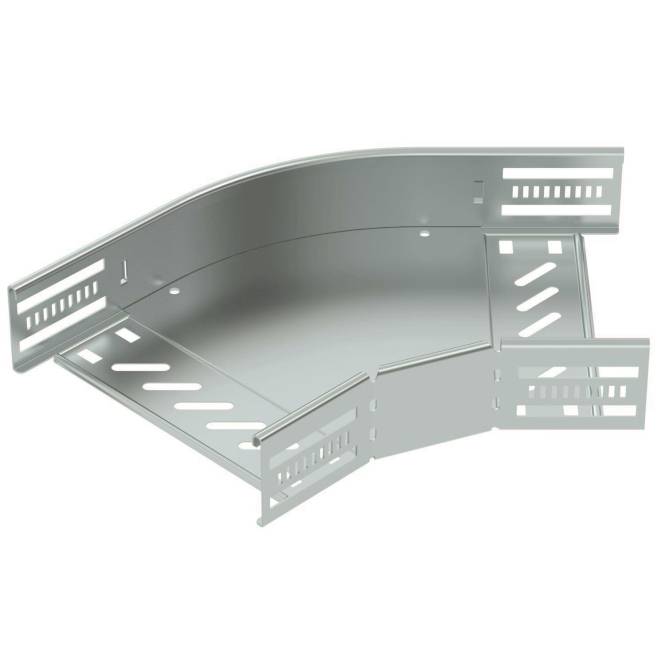 Metallisches Kabelrinnen-System mit 90-Grad-Bogenkonstruktion, ausgestattet mit belüfteten Seitenwänden für verbesserte Luftzirkulation und Befestigungsschlitzen für sichere Installation.