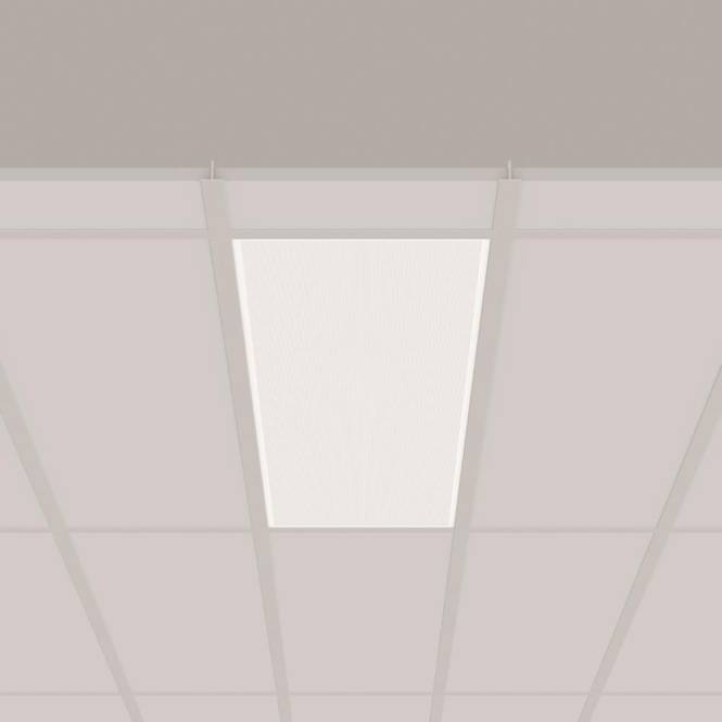 Ein beleuchtetes rechteckiges Deckenleuchten-Panel ist in einer gittertypischen Decke montiert dargestellt und bietet helle, gleichmäßige Beleuchtung für den Bereich.