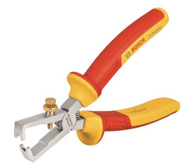 Rot- und gelbfarbiges Abisolierwerkzeug mit verstellbarem Schneidmechanismus, gekennzeichnet mit „BOSCH Professional