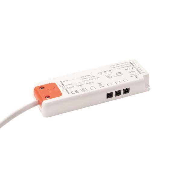Ein rechteckiger LED-Treiber mit weißem Gehäuse und orangefarbenem Ende, der verschiedene Zertifizierungssymbole und Anschlussanschlüsse am unteren Ende anzeigt.