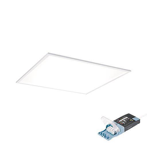 Quadratisches LED-Panel mit angeschlossener Stromversorgungseinheit, das eine Beleuchtungslösung präsentiert.