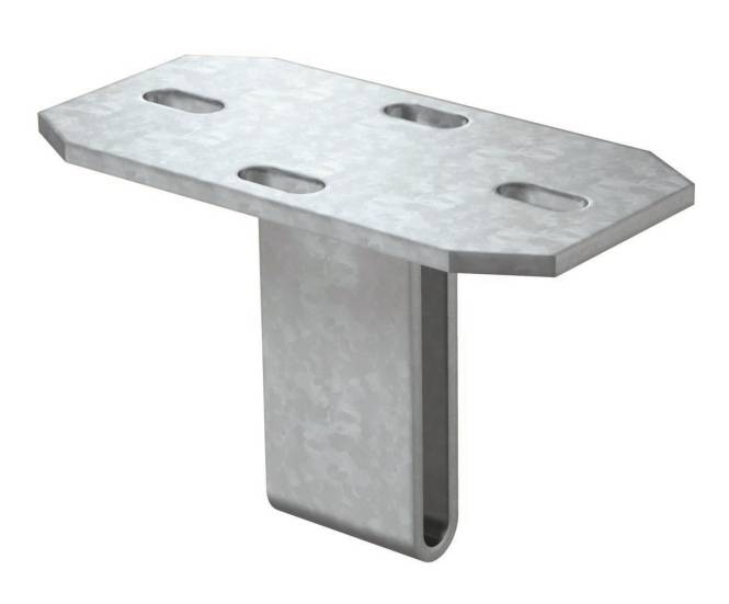 Ein Metallteil mit rechteckiger Grundfläche und drei länglichen ovalen Löchern, die für strukturelle Unterstützung oder Befestigung konzipiert sind.