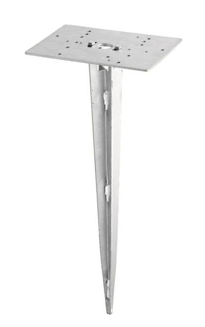 Ein Metallanker mit Erdspitze, der zum Befestigen von Strukturen wie Zäunen oder Zaunpfählen im weichen Boden konzipiert ist.