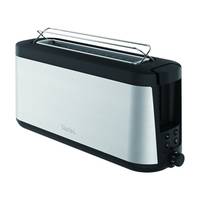 Ein eleganter Edelstahl-Toaster mit einem Wärmegitter auf der Oberseite, ausgestattet mit schwarzem Rand und Bedienungsschaltern.