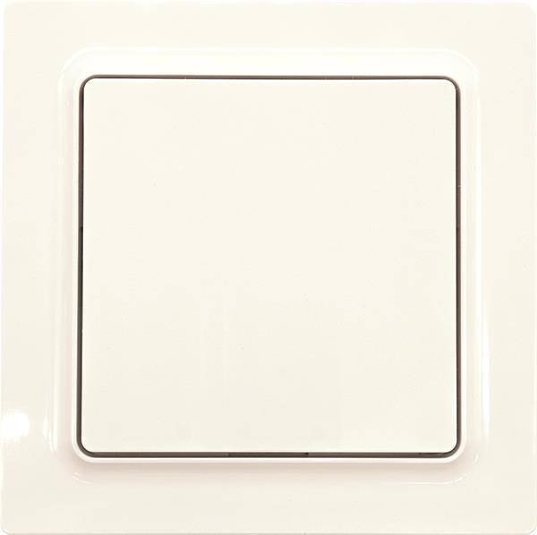Ein weißer quadratischer Lichtschalter mit abgerundeten Ecken an einer beigefarbenen Wand, der üblicherweise zur Steuerung von elektrischen Leuchten in einem Raum verwendet wird.