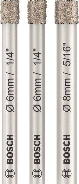 Drei Metallbohrer mit Größenbezeichnungen: 6mm/1/4, 6mm/1/4 und 8mm/5/16.