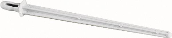 Eine Nahaufnahme einer horizontalen, weißen Kunststoffschiene oder eines Kunststoffschienensystems vor einfachem Hintergrund, das Nuten und subtile Texturen zeigt.