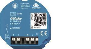 Ein blauer EnOcean-Sensor mit QR-Code, Etikett „Ref: EM01D