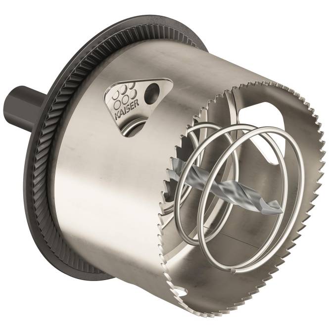 Ein metallisches Industrie-Werkzeug mit gezahnten Kanten, kreisförmigem Blatt und Kaiser-Logo. Wird zum Schneiden oder Bohren von Löchern in Materialien verwendet.