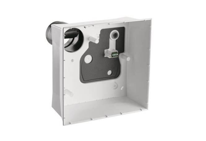 Ein weißes Metall-Anschluskasten mit Befestigungslöchern und einem offenen kreisförmigen Rohrverlauf-Eintritt auf einer Seite, das eine interne Halterung mit Anschlüssen zeigt.