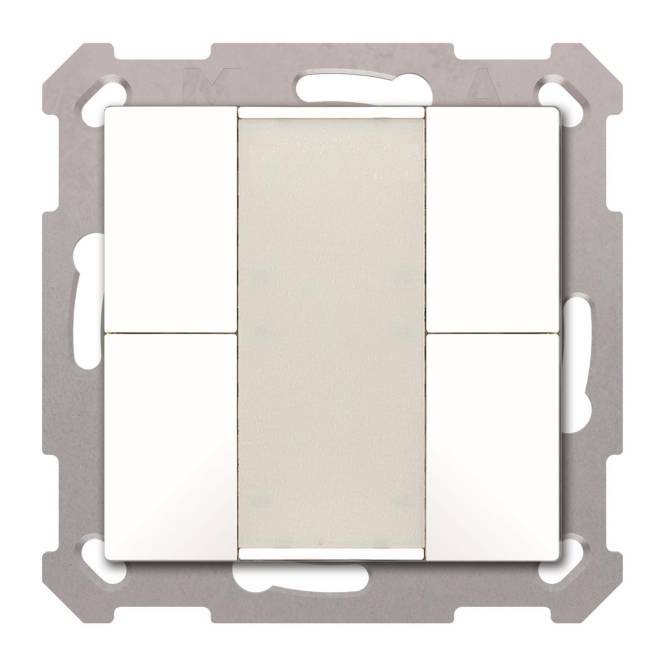 Ein quadratischer elektrischer Schalter mit fünf weißen rechteckigen Abschnitten, gefasst in einem grauen Metallrahmen, zur Wandmontage.