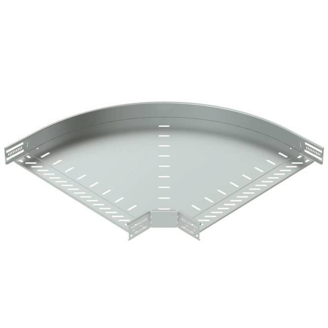 Metallische Kabelrinne-Bogen mit Schlitzdesign zur Belüftung, verwendet zur Verwaltung und Unterstützung von Elektrokabeln in Eckbereichen.