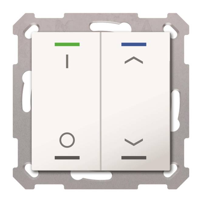 Ein Doppellichtschalter mit zwei Tasten: Die linke Taste hat die Symbole „I/O